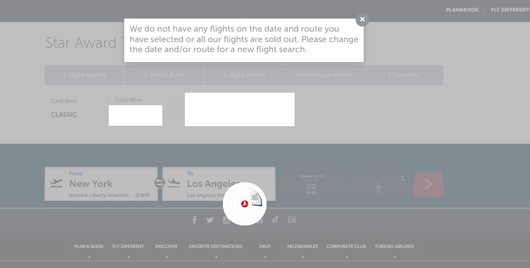 Turkish Airlines website error message indicating no flight results found, representing typical no availability response.