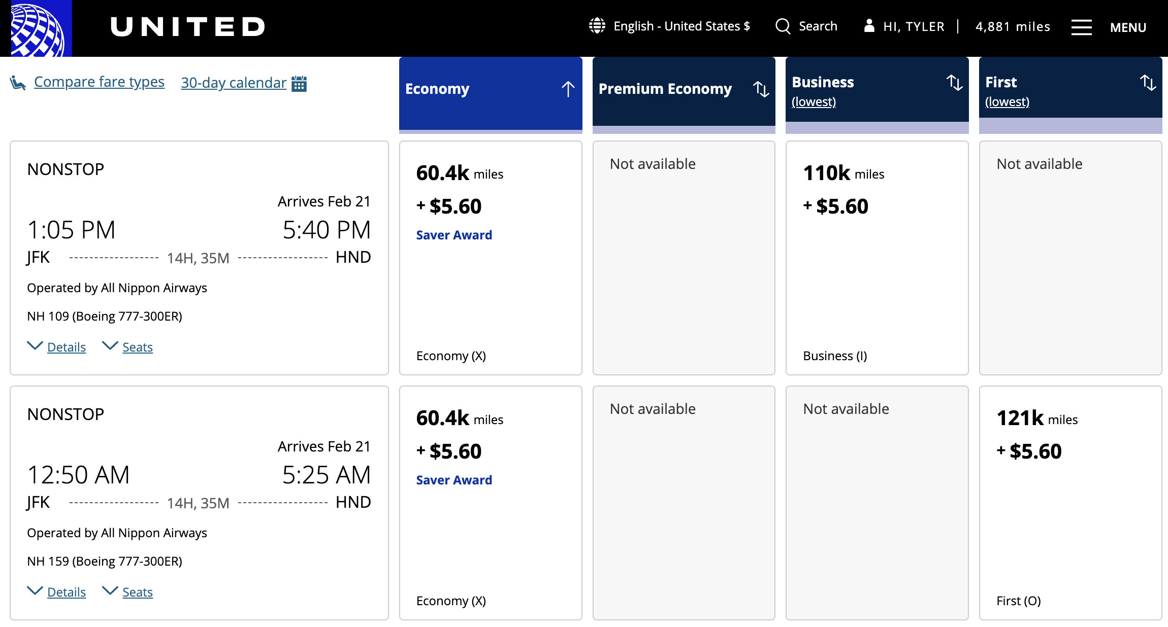 Flight award result - JFK to TYO bookable with United miles.