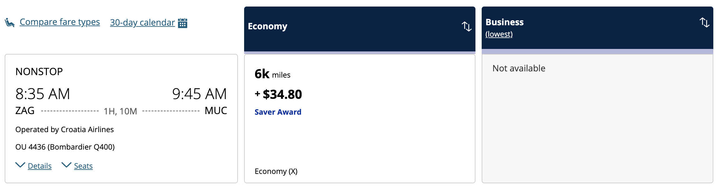 Flight award result - ZAG to MUC bookable with United miles.