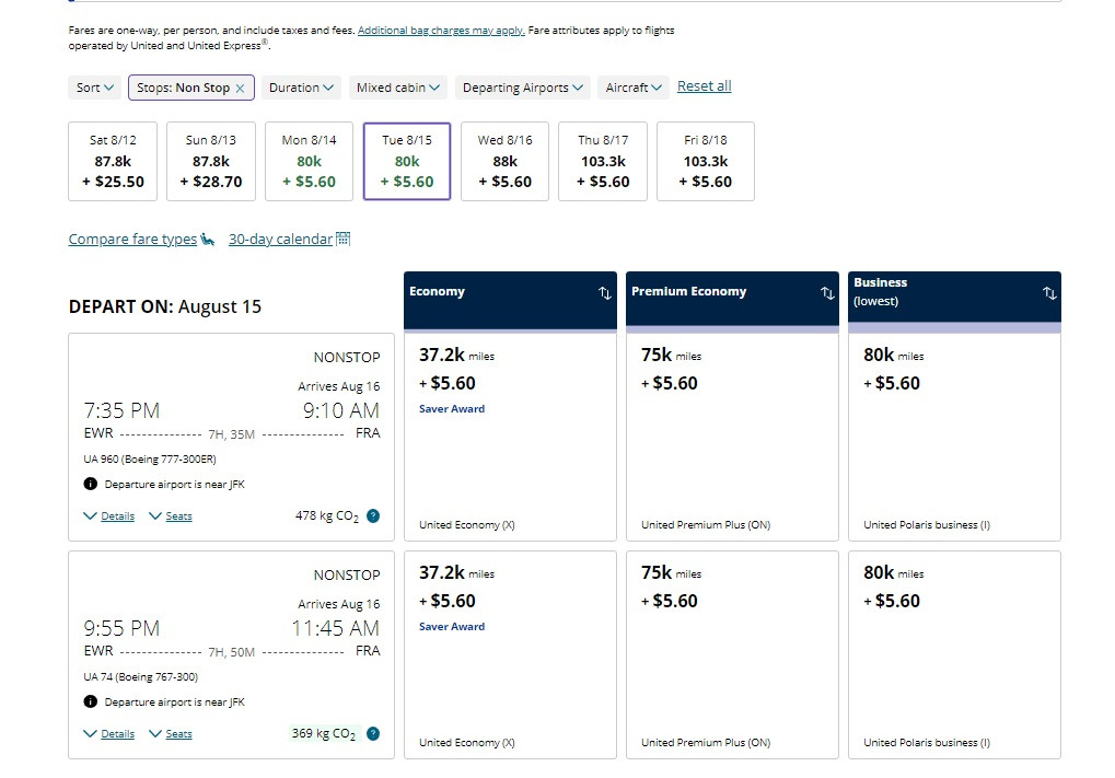 Screenshot of United Airlines flight schedule showing business class availability from Newark (EWR) to Frankfurt (FRA) but not from JFK.