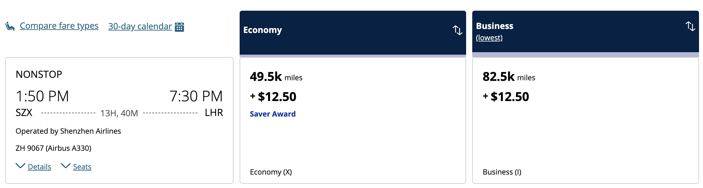 Flight award result - SZX to LHR bookable with United miles.