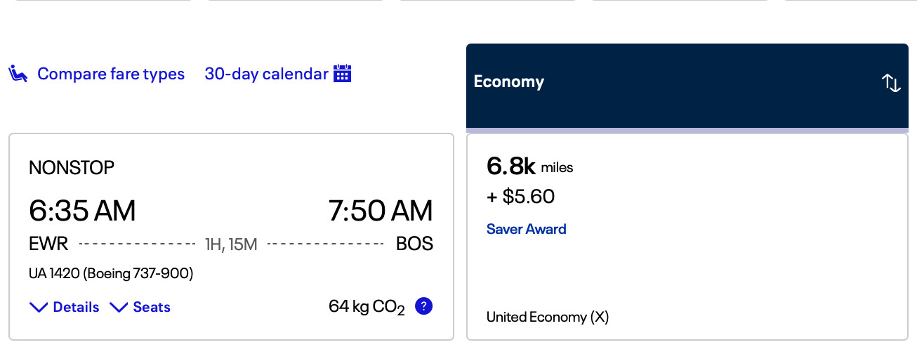 Screenshot of United booking platform, displaying flight options and mile costs