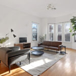 A spacious and well-lit living room in Boston, featuring contemporary furniture, a large rug, and greenery adding a fresh touch.