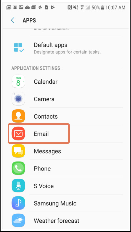 Android email settings screen, highlighting server settings under advanced settings