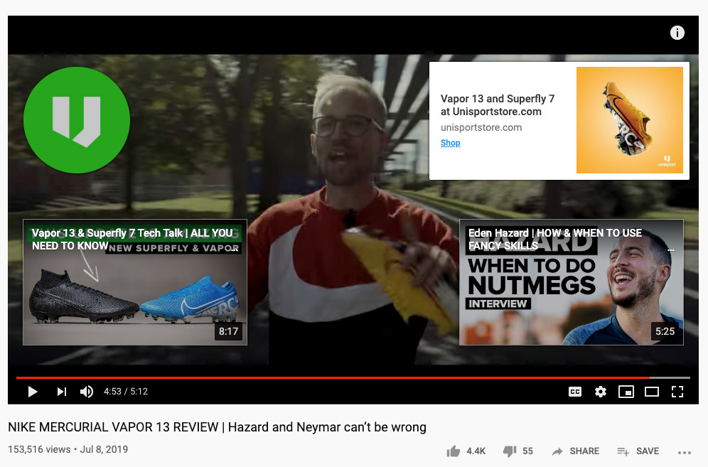A youtube video with two info cards and an ad for shoes displaying promotional content effectively