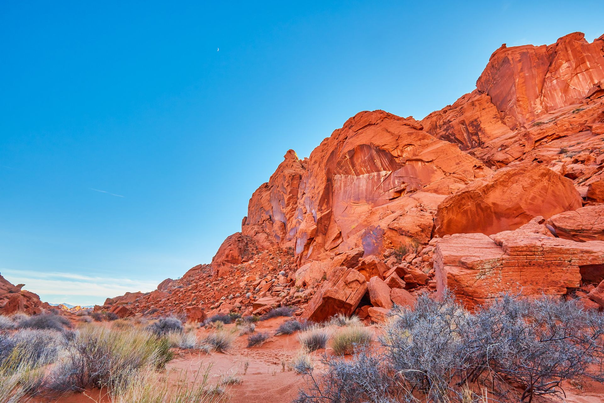 Nevada canyon in Las Vegas with desert foliage and a bright blue sky.
