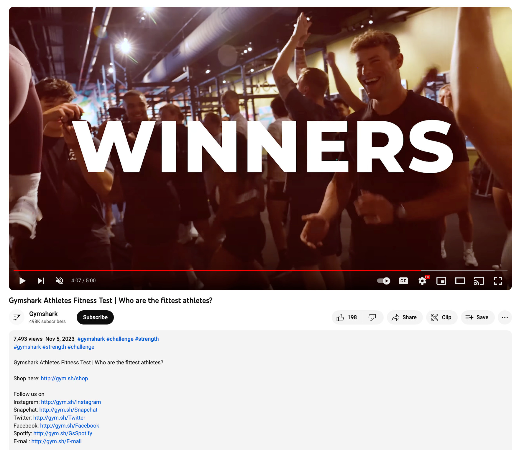 A Gymshark YouTube video with links to social media in the description