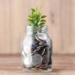Money jar with a plant growing out of it, symbolizing financial growth