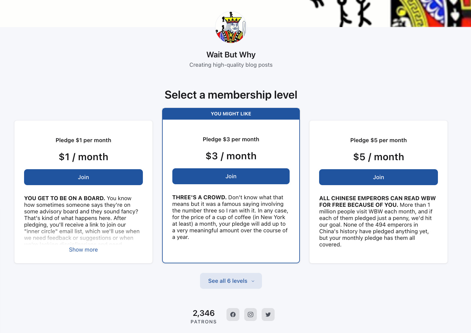 The Patreon page of YouTube channel Wait But Why demonstrating an effective fan funding strategy