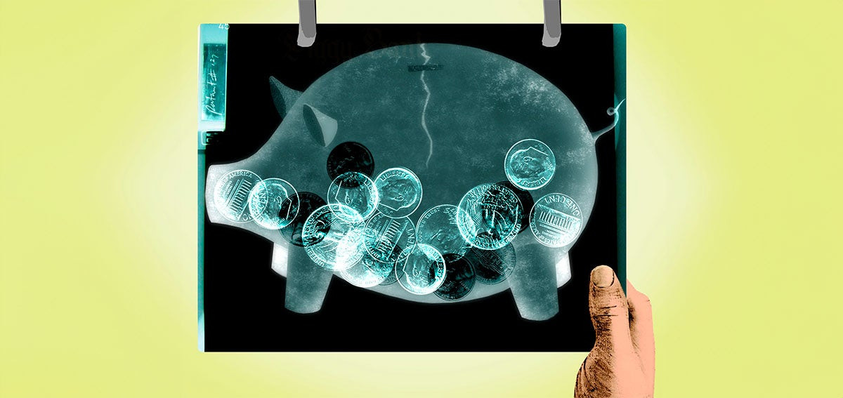 Illustration of an x-ray of a piggy bank for story about Medi-Cal Considering Income, Not Assets, for Enrollment