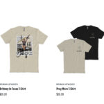Shirts on a website category page selling merchandise using print-on-demand services