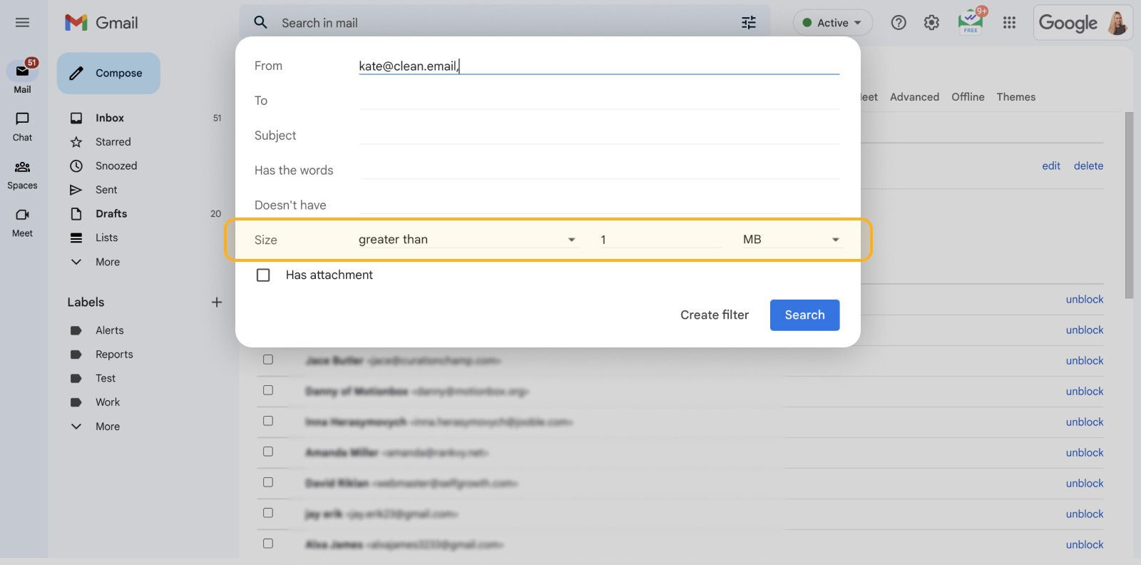 Block emails by size or attachment