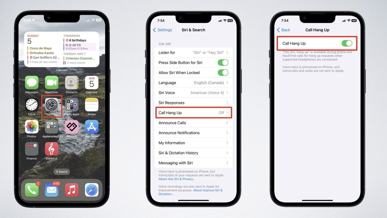 iPhone settings showing the path to enable the Announce Calls feature for Siri, emphasizing the convenience of hands-free caller identification