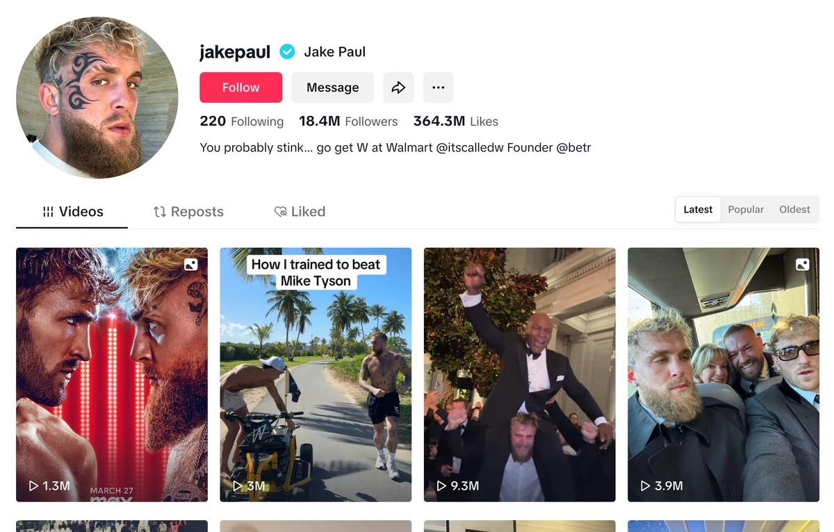 Jake Paul screenshot highlighting his boxing career and business ventures