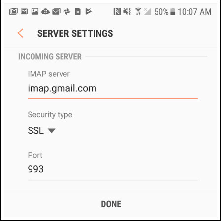 Android email server settings