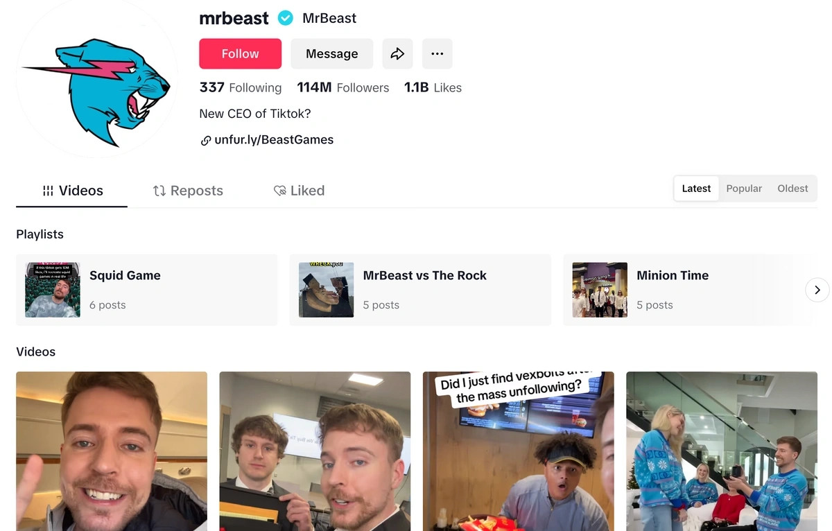 MrBeast screenshot showcasing his social media presence