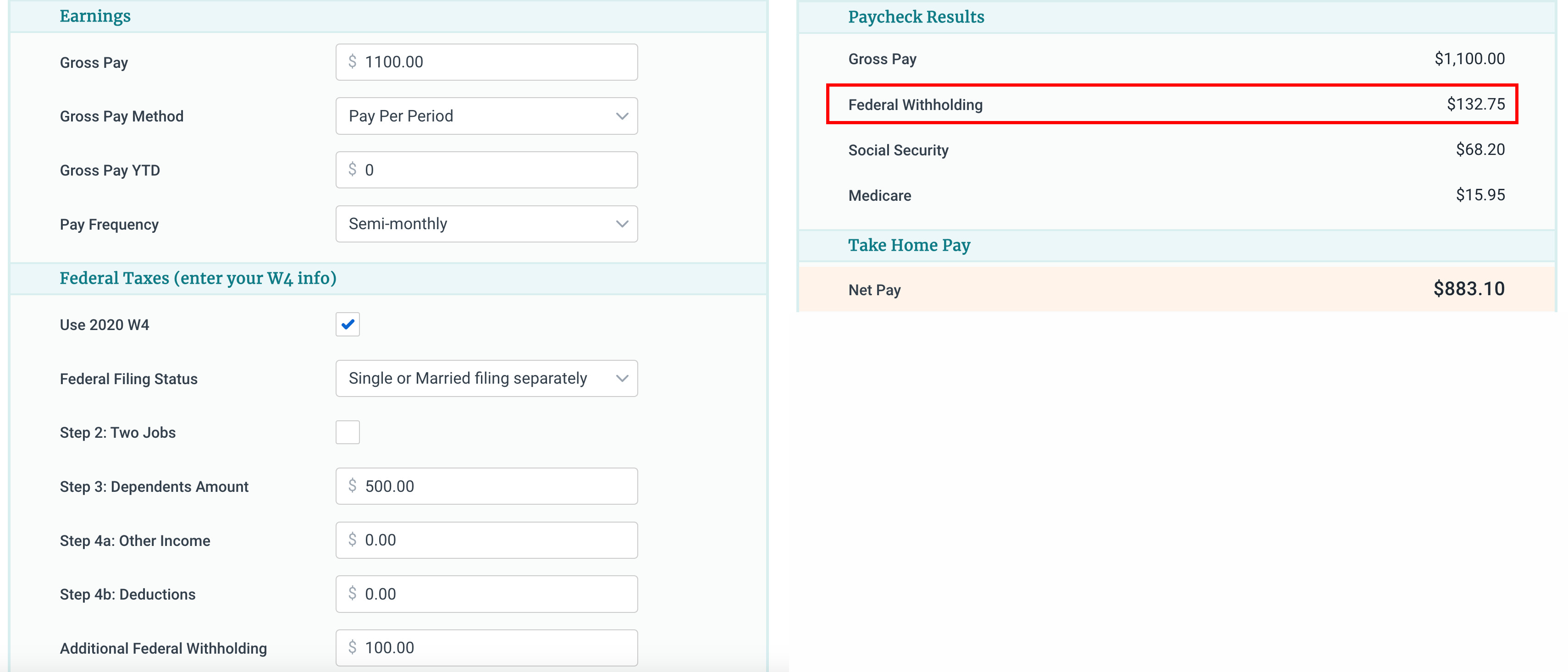Using a salary calculator to double-check our Federal Withholding tax results. It