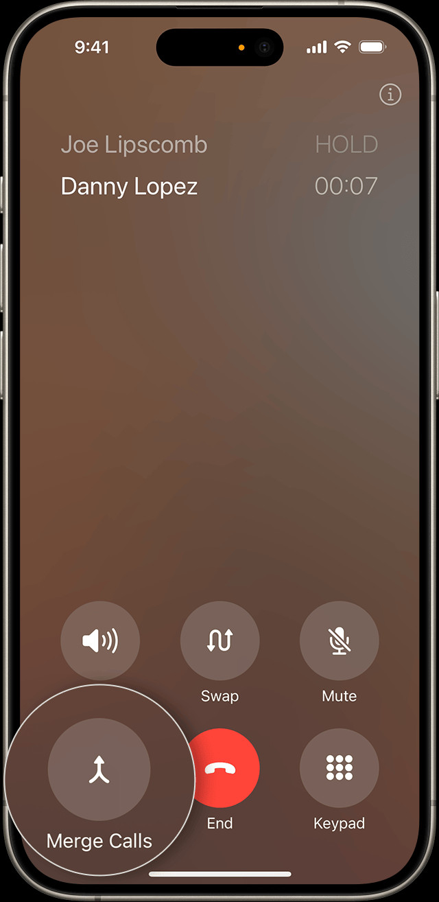 The merge calls button in the lower left corner of the iPhone screen