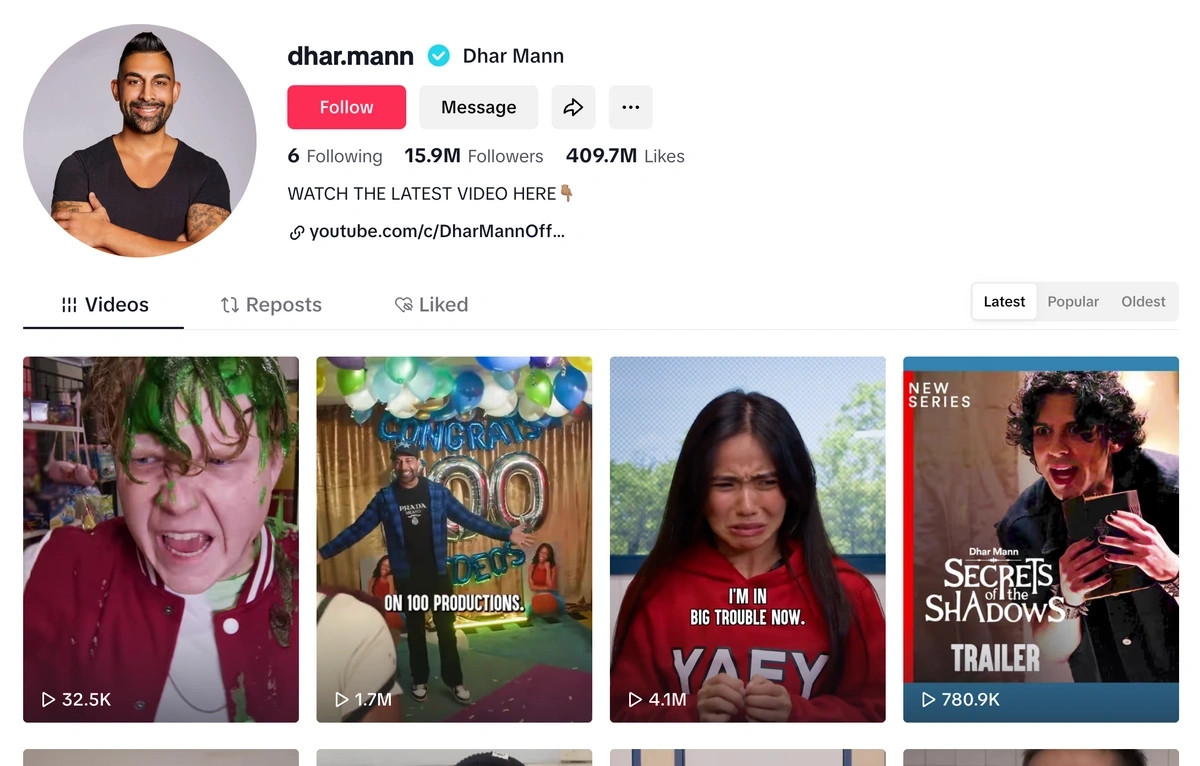 Dhar Mann screenshot highlighting his YouTube and TikTok presence