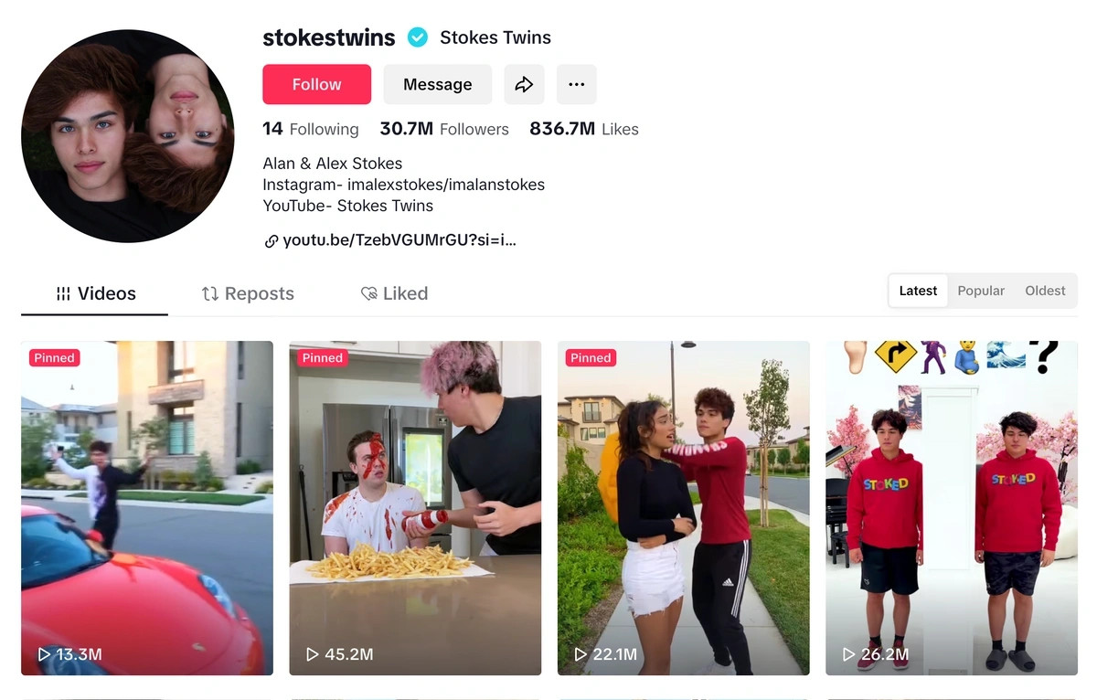 Stokes Twins screenshot featuring their challenge and prank videos