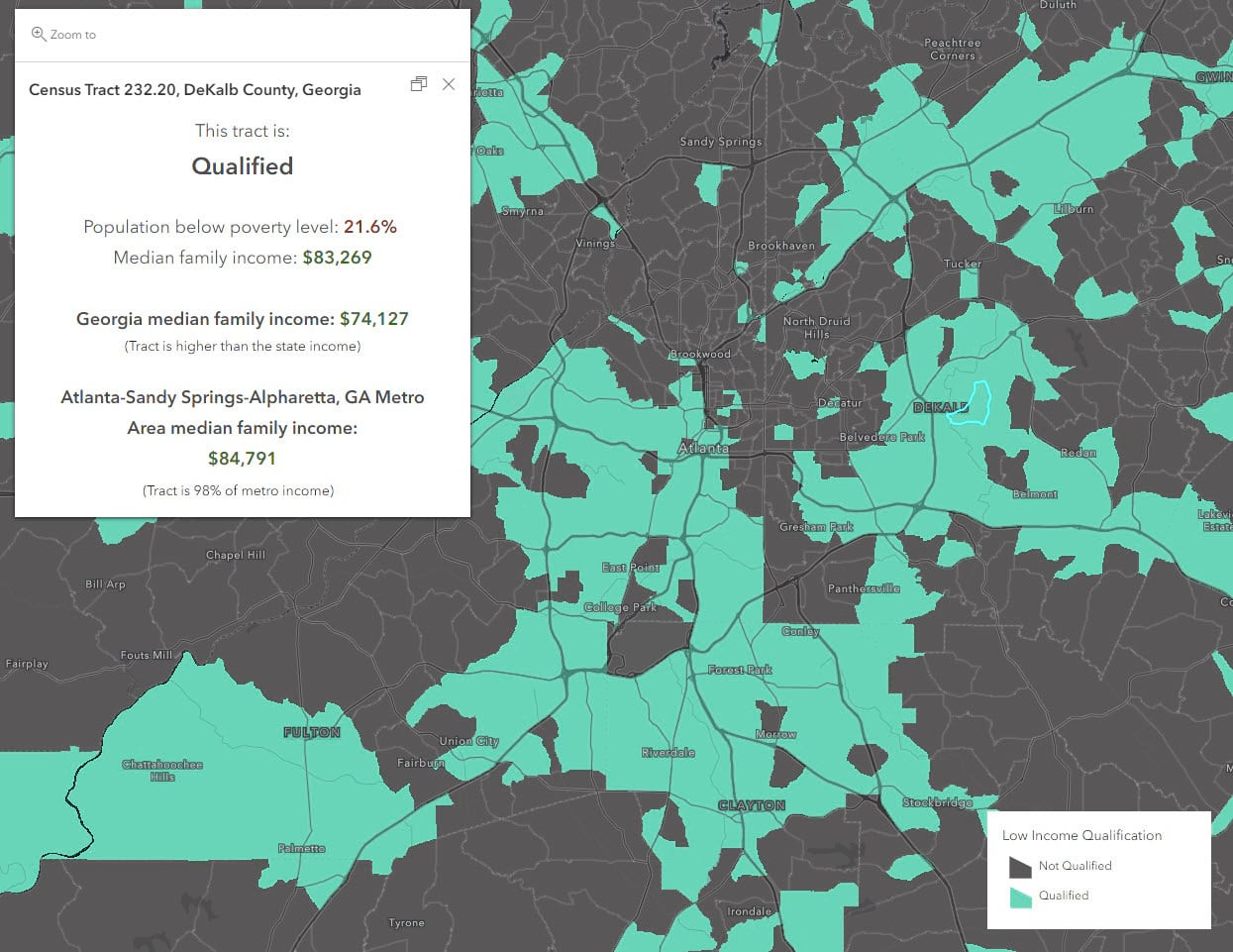 Map with popup showing details of a low-income community