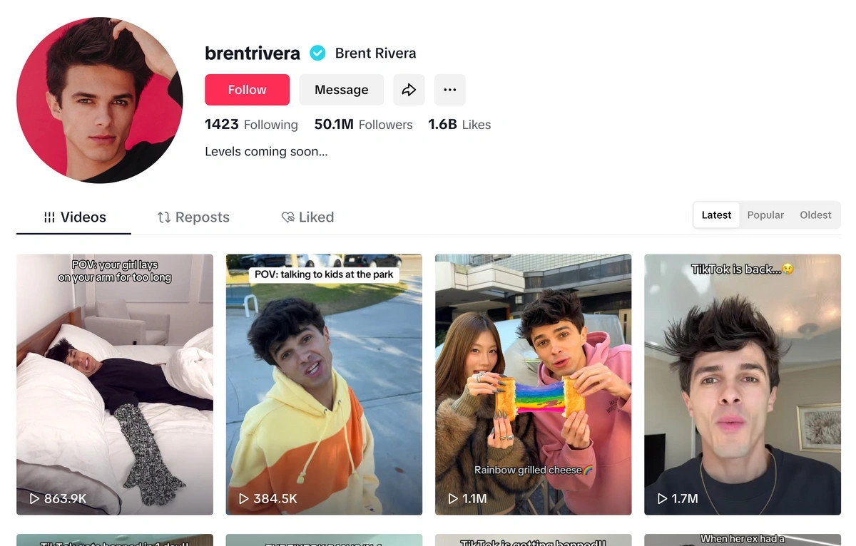 Brent Rivera screenshot showcasing his physical comedy videos