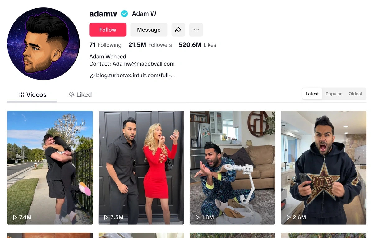 Adam W screenshot featuring his comedic videos and brand partnerships