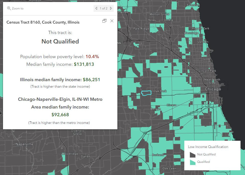Unqualified map with popup showing reasons for not being a low-income community
