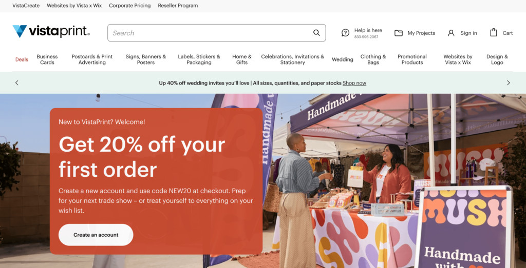 Vistaprint Print on Demand site interface with options for customizable products